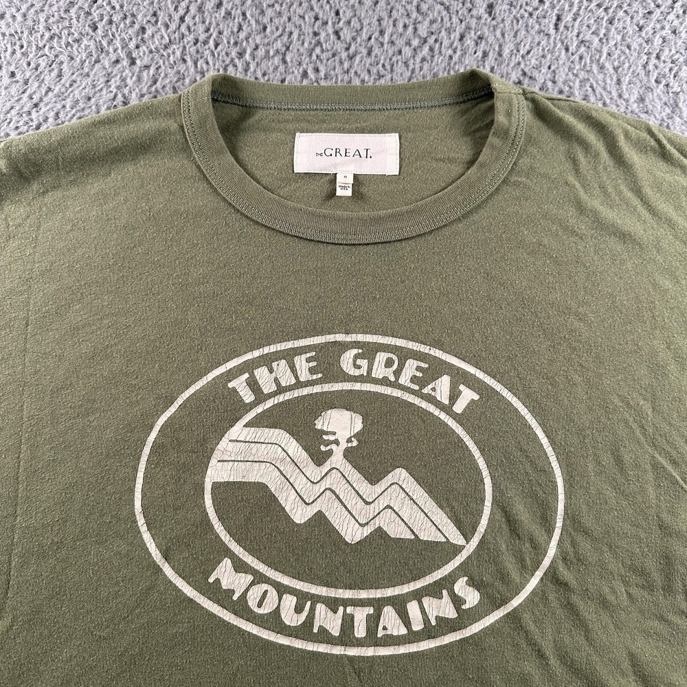 THE GREAT. Shirt Womens 0 Green 100% Cotton Crewneck Short Sleeve Mountains Tee - Picture 2 of 10